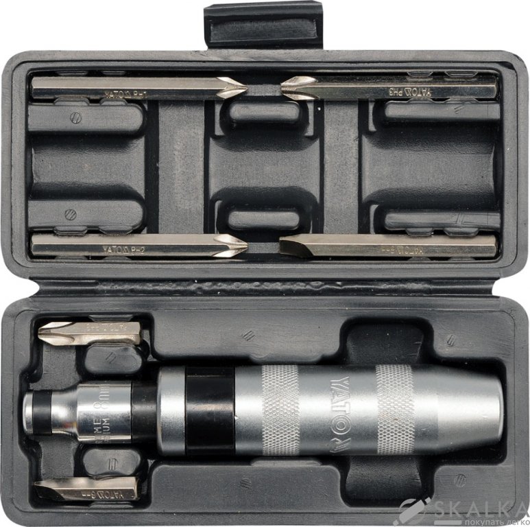 На фото Отвертка реверсивная ударная Yato квадрат 1/2", 7 насадок 5/16" СRV (YT-2802)