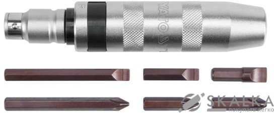 На фото Отвертка реверсивная ударная Yato цельнометаллическая, 6 насадок, квадрат 1/2" 7 шт (YT-2801)