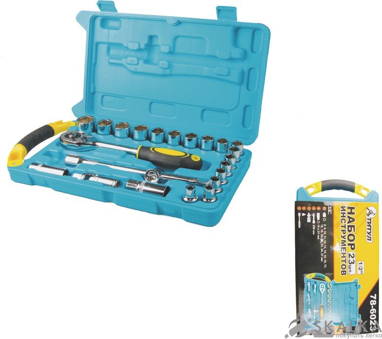 На фото Набор насадок торцевых Mastertool CrV 1/2” с трещоткой 24 зуба, 23 шт в кейсе (78-6023)