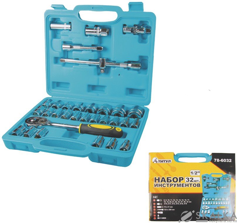 Набор насадок торцевых Mastertool CrV 1/2” с трещоткой 24 зуба, 32 шт в кейсе (78-6032) На фото Набор насадок торцевых Mastertool CrV 1/2” с трещоткой 24 зуба, 32 шт в кейсе (78-6032)