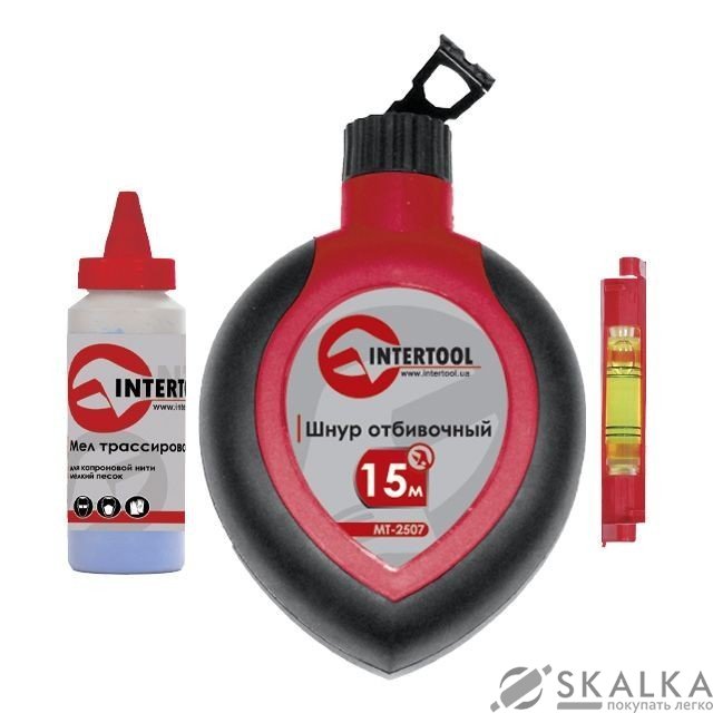На фото Комплект Intertool 3в1 шнур отбивочный, корректор 115г и шнуровый уровень (MT-2505)