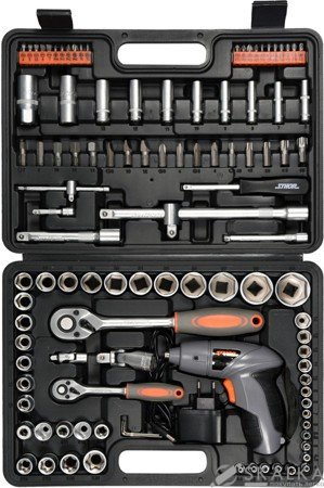 На фото Набор инструментов Sthor 1/2", 1/4" с аккумуляторной отверткой 109 шт DW (58695)