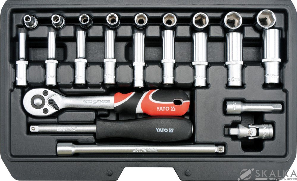 На фото Набор головок торцевых Yato CrV, 1/4", M 4-13 мм с инструментами 23 шт (YT-14451)