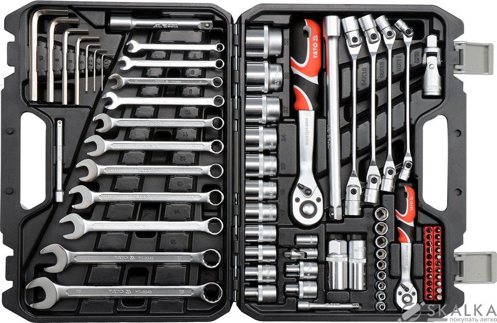 На фото Набор головок торцевых Yato 1/2", 1/4" с инструментами 77 шт (YT-38781)