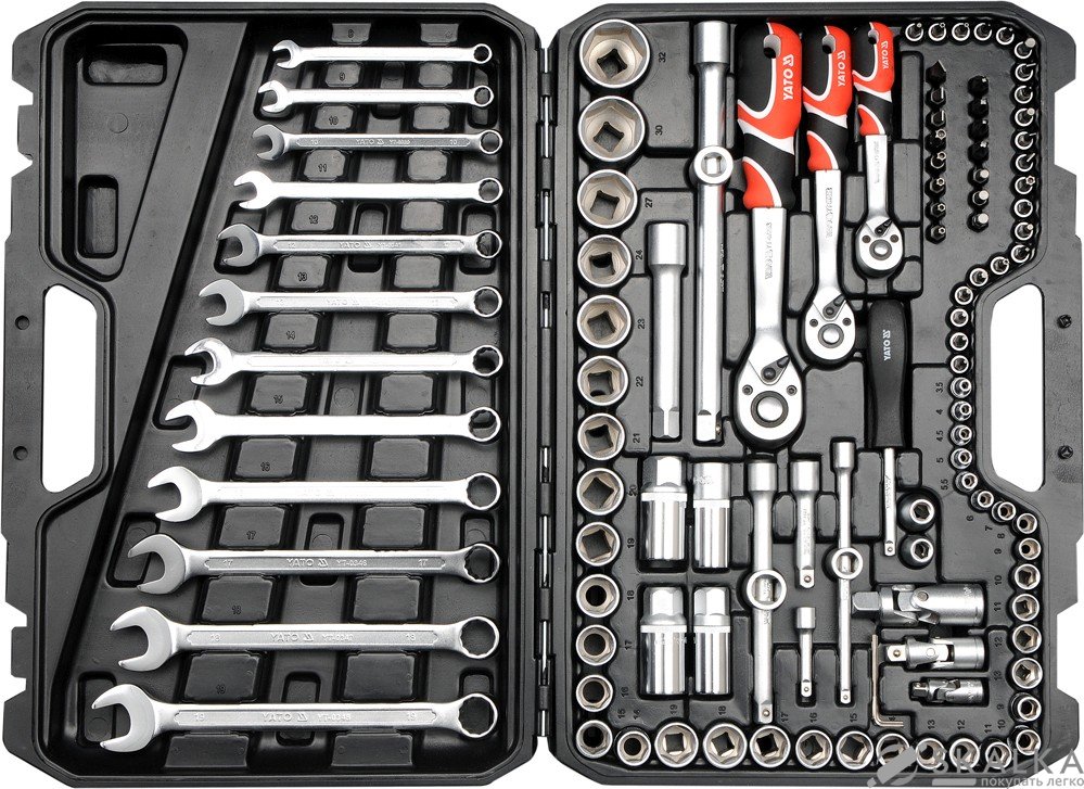 Набор головок торцевых Yato 1/2", 3/8", 1/4" с инструментами, насадками 111 шт (YT-38831) На фото Набор головок торцевых Yato 1/2", 3/8", 1/4" с инструментами, насадками 111 шт (YT-38831)