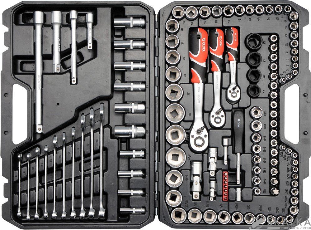 На фото Набор головок торцевых Yato 1/2", 3/8", 1/4" с инструментами, насадками 120 шт (YT-38801)