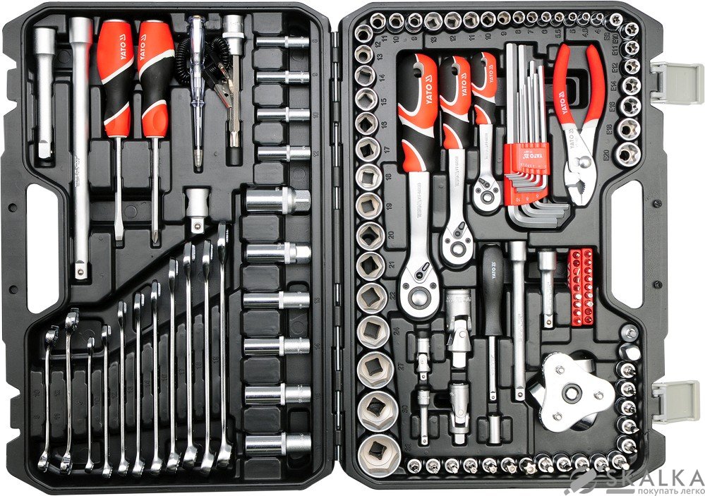 На фото Набор головок торцевых Yato 1/2", 3/8", 1/4" с инструментами, насадками 126 шт (YT-38875)