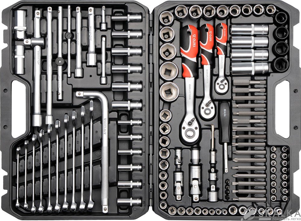 На фото Набор головок торцевых Yato 1/2", 3/8", 1/4" с инструментами, насадками 128 шт (YT-38872)