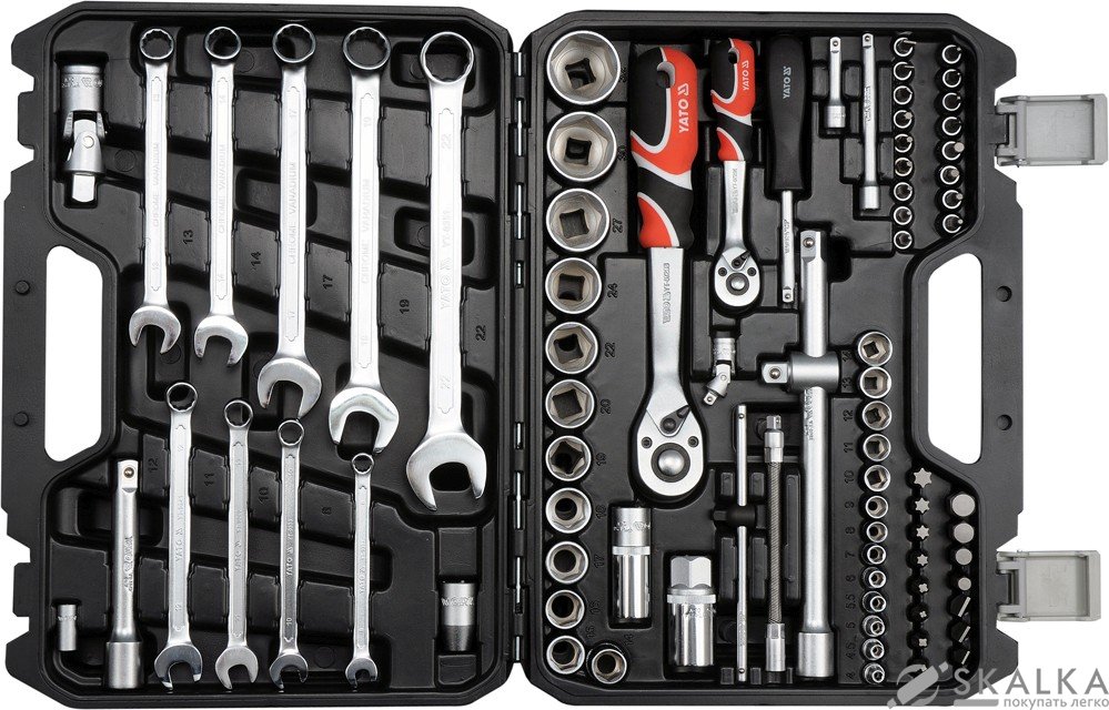 На фото Набор головок торцевых Yato 1/2", 3/8", 1/4" с инструментами, 82 шт (YT-12691)