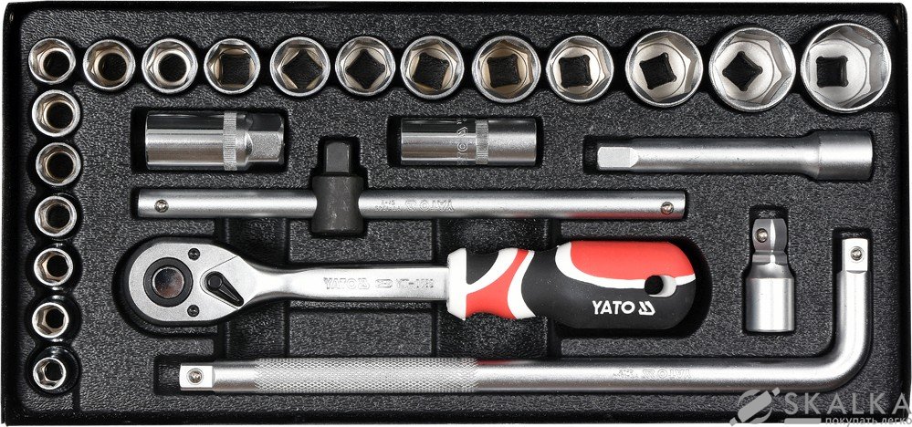 На фото Набор головок торцевых Yato 1/2", M10-32 с инструментами 25 шт (YT-12671)