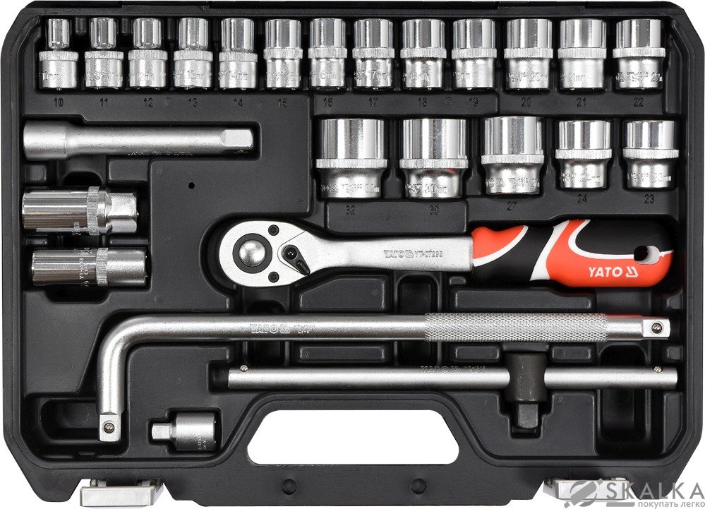 На фото Набор головок торцевых Yato 1/2", М10-32 с инструментами 25 шт (YT-38741)