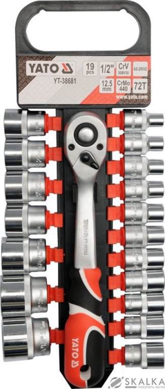 На фото Набор головок торцевых Yato 1/2", М8-32 мм, L = 38 мм с трещоткой 19 шт (YT-38681)