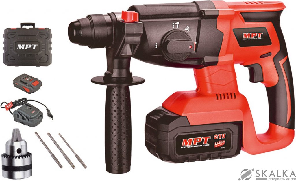 На фото Перфоратор аккумуляторный Mastertool SDS plus 26мм, 21В Li-ion 4Ач, 1400об/мин 4500уд/мин (MCRH2640)