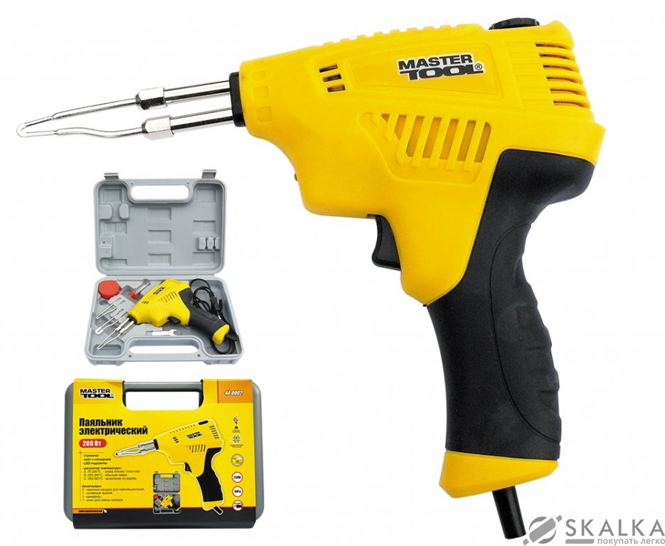Паяльник импульсный с трансформатором Mastertool 200 Вт, 3 режима в кейсе с насадками (44-0002) На фото Паяльник импульсный с трансформатором Mastertool 200 Вт, 3 режима в кейсе с насадками (44-0002)