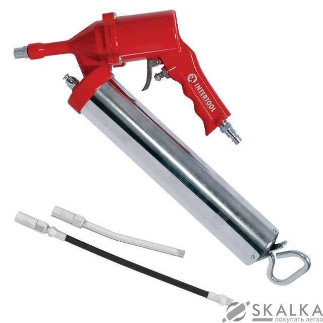 На фото Пистолет Intertool для выдавливания смазки и две насадки (PT-0607)