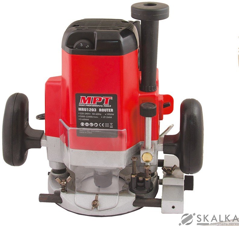 На фото Фрезер Mastertool PROFI 1950 Вт, 5000-22000 об/мин, цанга 6-12 мм, ход фрезы 60 мм (MRU1203)