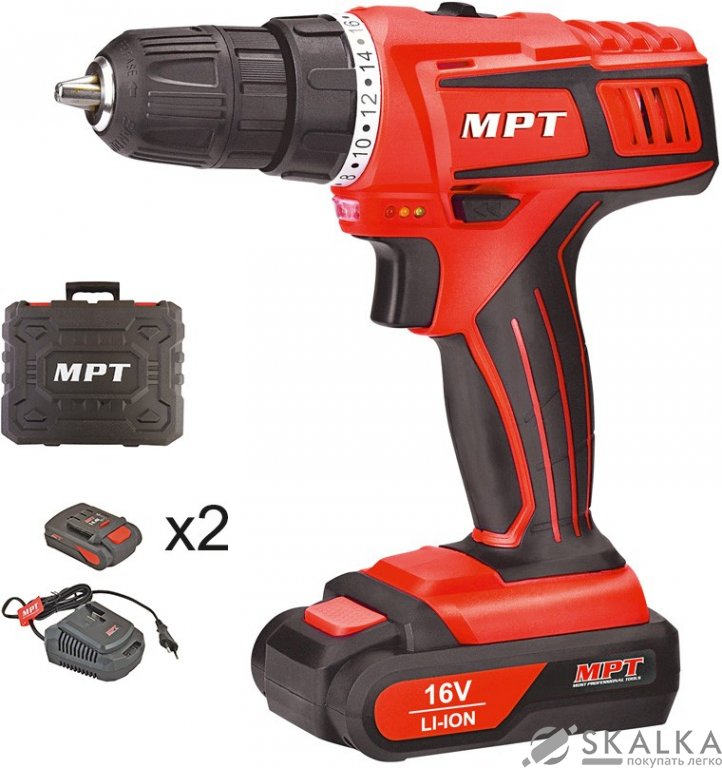 На фото Шуруповерт Mastertool PROFI 16V Li-ion 1.5 Ач, 0-400/1450 об/мин, 10мм, 2 АКБ, кейс (MCDT1626.B2)