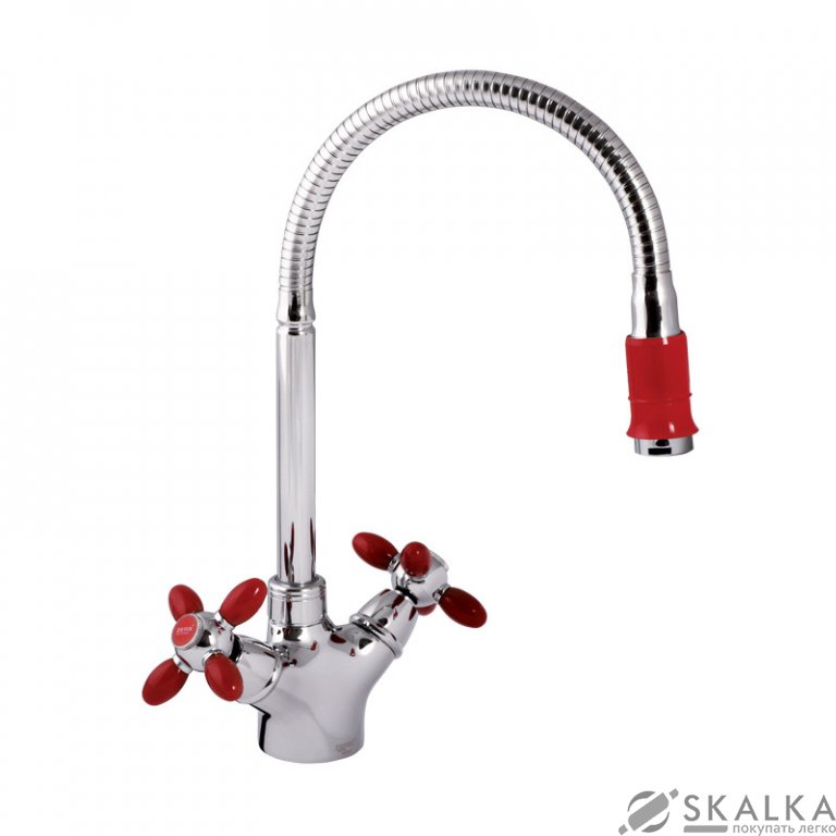 На фото Смеситель для кухни ZERIX Z5860-5 (красные ручки) (ZX0347)