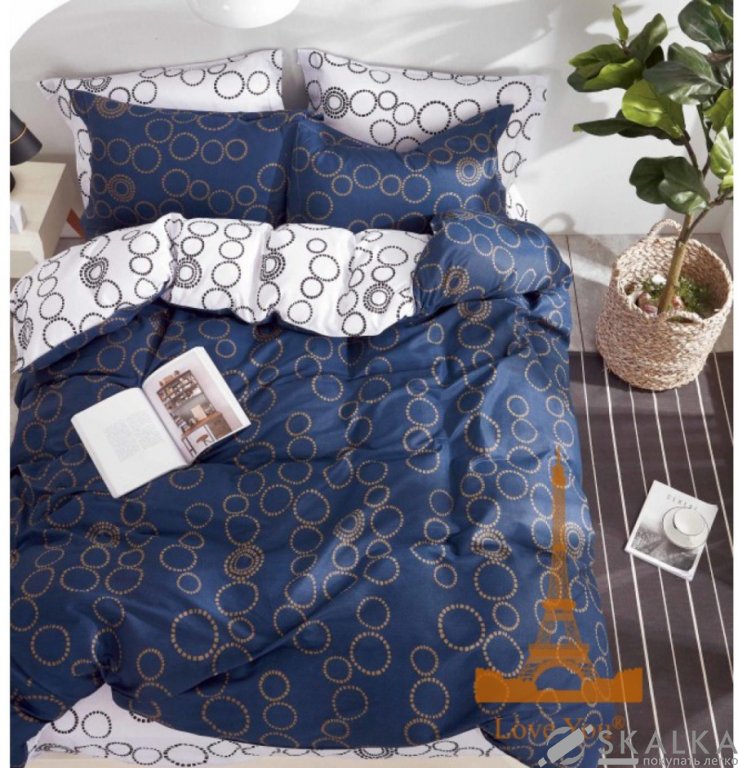 На фото Постельное белье Love you Сатин Синее-Белое Евро (187064)