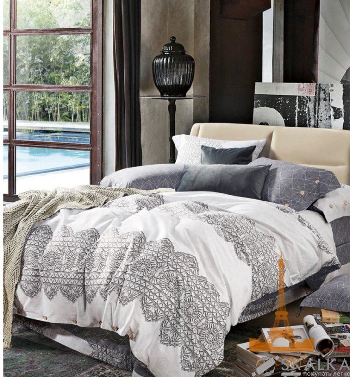 На фото Постельное белье Love you Сатин-lux Белое-Серое Евро (1803091)