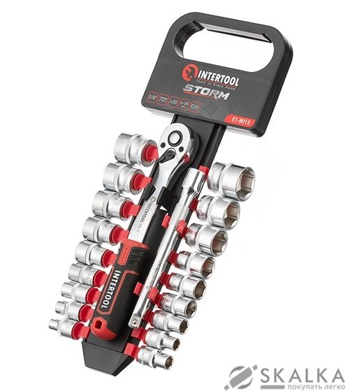 На фото Набор головок Intertool 3/8" 6-24 мм удлинитель рукоятка 72 зуба 20ед. Cr-V STORM (ET-8015)