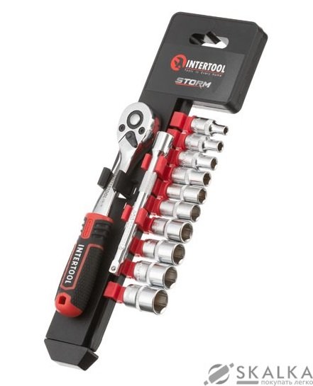 На фото Набор головок Intertool 1/4" 4-13 мм удлинитель рукоятка 72 зуба 12ед. Cr-V STORM (ET-8012)