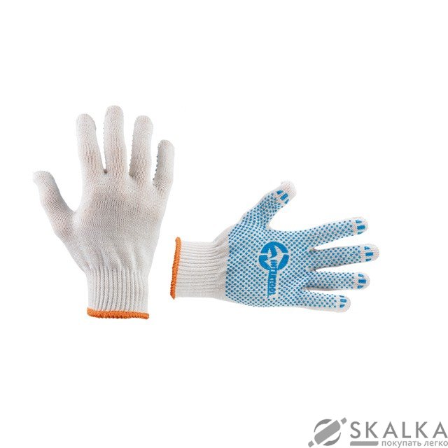 Перчатка трикотажная Intertool с ПВХ точкой, класс вязки 10, цвет белый, синяя точка (SP-0130) На фото Перчатка трикотажная Intertool с ПВХ точкой, класс вязки 10, цвет белый, синяя точка (SP-0130)