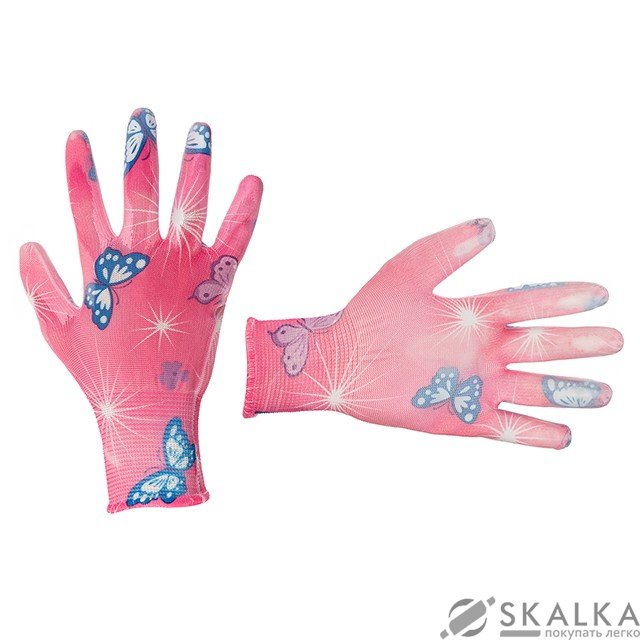 На фото Перчатки садовые с полиуретановым покрытием 8" розовые Intertool (SP-0162)