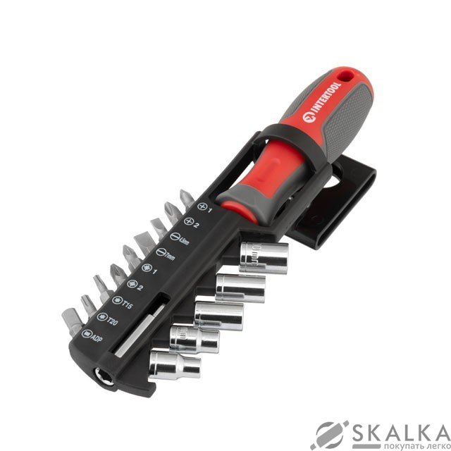 На фото Отвертка с магнитным держателем для насадок 1/4" 100 мм с битами 15 ед Intertool (VT-3343)