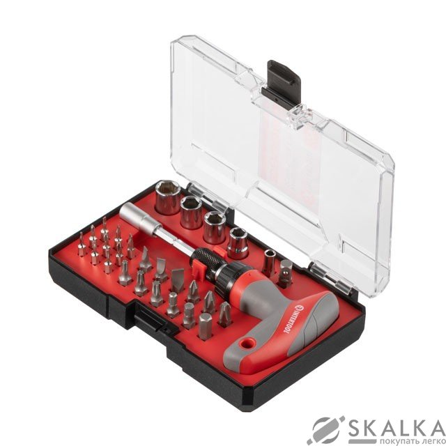 Отвертка т-образная с храповым механизмом и комплектом насадок 29 ед Intertool (VT-3330) На фото Отвертка т-образная с храповым механизмом и комплектом насадок 29 ед Intertool (VT-3330)