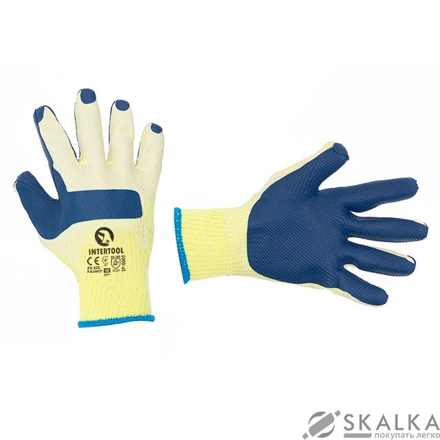 Перчатки рабочие стекольщика Intertool (каменщика) синие трикотажные с латексным покрытием (SP-0003) На фото Перчатки рабочие стекольщика Intertool (каменщика) синие трикотажные с латексным покрытием (SP-0003)