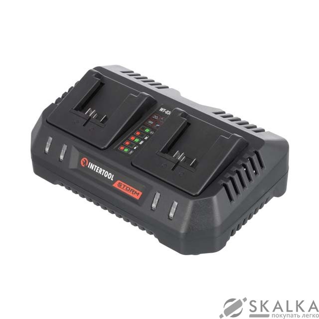 На фото Устройство зарядное Intertool для аккумуляторов 20 В, ток заряда 4.0+4.0 А, два теминала (WT-0346)