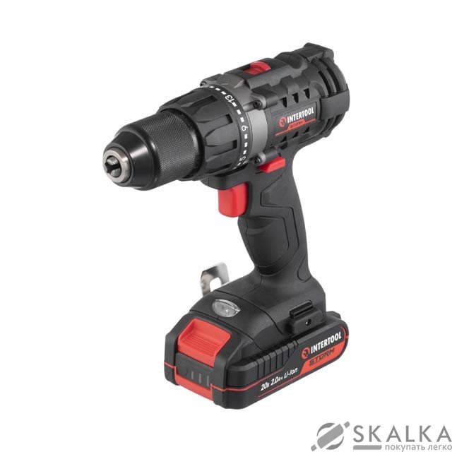 На фото Дрель-шуруповерт Intertool 20 В, 50 Nm, 0-450/0-1700 об/мин, 2-13 мм, 2.0 Ач, ЗУ 2А (WT-0351)