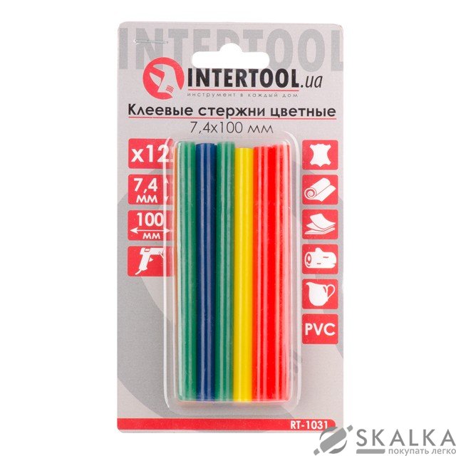 На фото Комплект клеевых стержней Intertool цветных 7.4мм*100мм, 12шт (RT-1031)