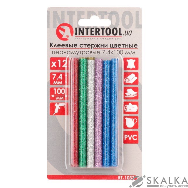 На фото Комплект клеевых стержней Intertool цветных перламутровых 7.4мм*100мм, 12шт (RT-1033)