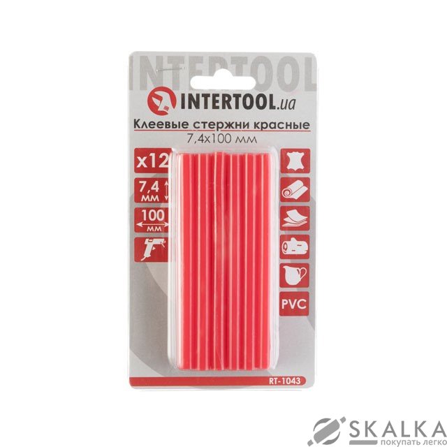 Комплект клеевых стержней Intertool красных 7.4мм*100мм, 12шт (RT-1043) На фото Комплект клеевых стержней Intertool красных 7.4мм*100мм, 12шт (RT-1043)