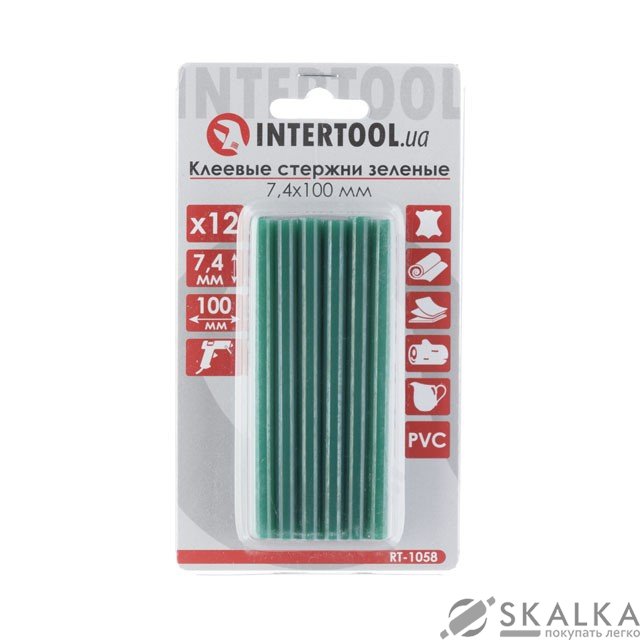 На фото Комплект клеевых стержней Intertool зеленых 7.4мм*100мм, 12шт (RT-1058)