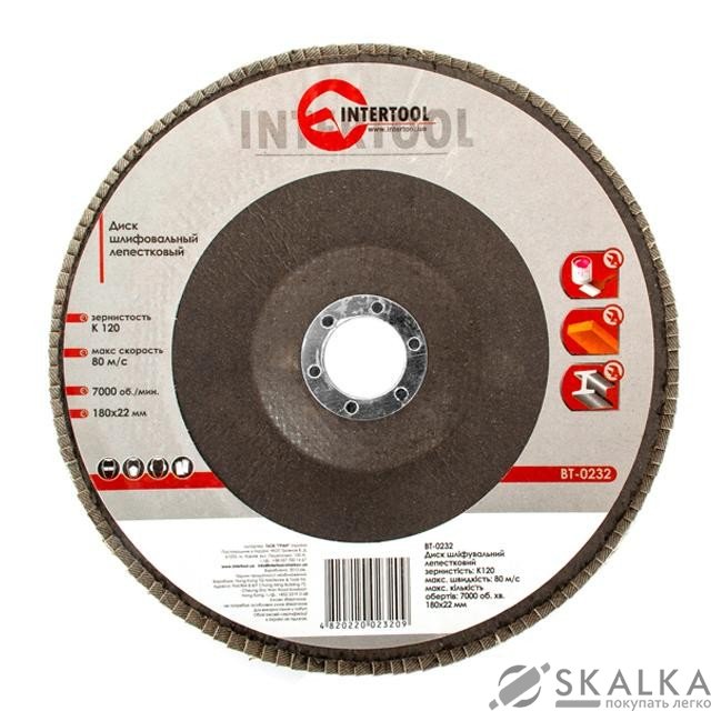 На фото Диск шлифовальный лепестковый Intertool 180*22мм, зерно K120 (BT-0232)