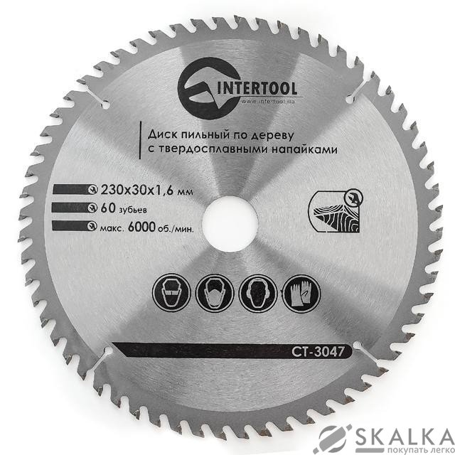 На фото Диск пильный Intertool по дереву с твердосплавными напайками 230*30*1.6мм, 60 зубьев (CT-3047)