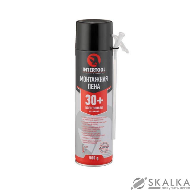 Пена монтажная, всесезонная, 500 мл / 500 г, 30л+, трубочка Intertool (FS-1150) На фото Пена монтажная, всесезонная, 500 мл / 500 г, 30л+, трубочка Intertool (FS-1150)
