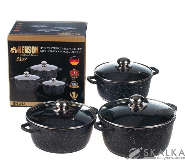 На фото Набор кастрюль с мраморным покрытием Benson 6 предметов (BN-312)