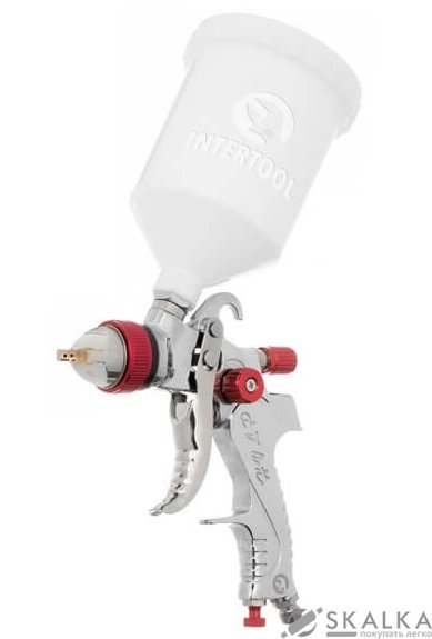На фото Краскопульт пневматический Intertool HVLP из трех форсунок 1,3мм, 1,4мм, 1,7мм, 3бар (PT-0153)