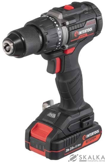 На фото Дрель-шуруповерт бесщеточный Intertool 20 В, 60 Nm, 0-500/0-2000 об/мин, 2.0 Ач, ЗУ 2А (WT-0360)
