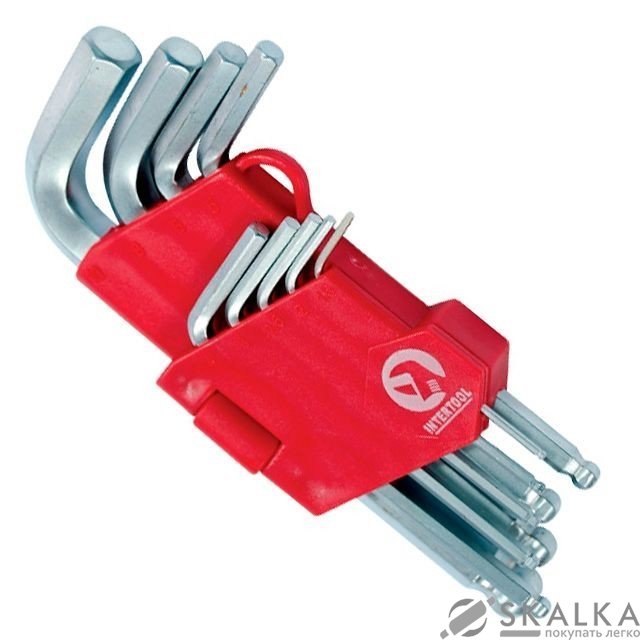 Набор Г-образных шестигранных ключей с шарообразным наконечником Intertool 9шт1.5-10мм,CrV, 55 HRC S На фото Набор Г-образных шестигранных ключей с шарообразным наконечником Intertool 9шт1.5-10мм,CrV, 55 HRC S