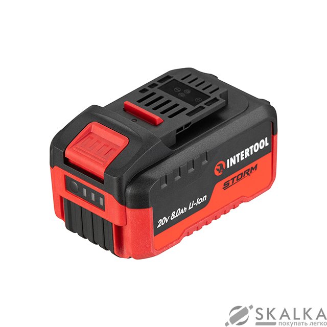 На фото Аккумулятор Intertool 20 В, литий-ион, 8.0 Ач, индикатор уровня заряда (WT-0343)