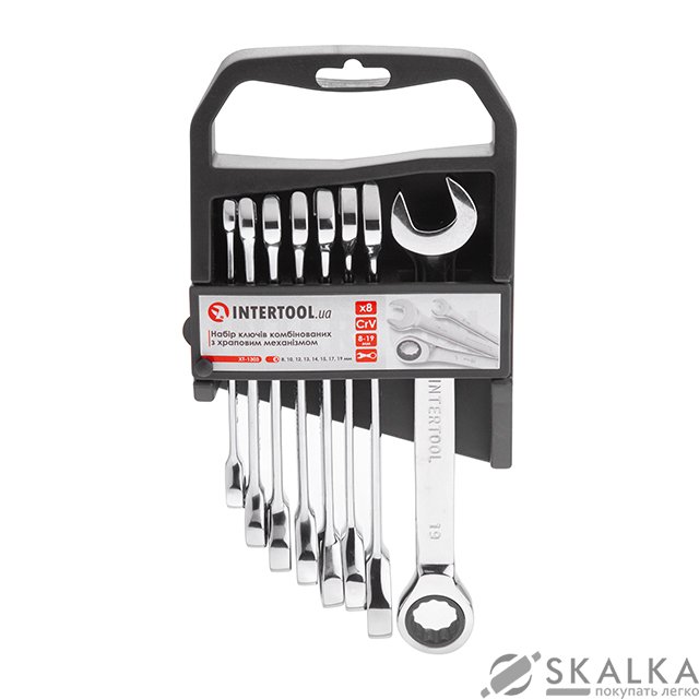 Набор ключей комбинированных с храповым механизмом Intertool 8шт 8-19мм, CrV, PROF DIN3113 (XT-1303) На фото Набор ключей комбинированных с храповым механизмом Intertool 8шт 8-19мм, CrV, PROF DIN3113 (XT-1303)