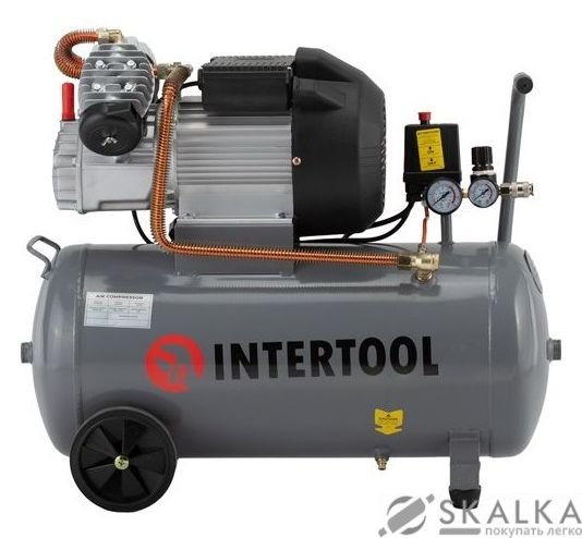 На фото Компрессор Intertool 50л, 4HP, 3кВт, 220В, 8атм, 420л/мин, 2 цилиндровый (PT-0007)