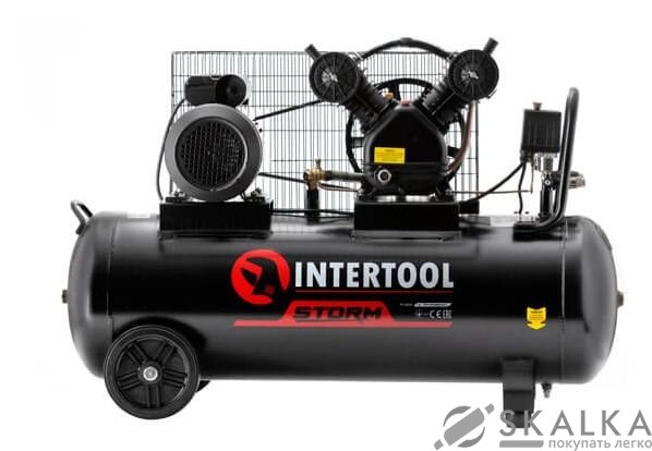 На фото Компрессор Intertool 100л, 4HP, 3кВт, 220В, 8атм, 500л/мин, 2 цилиндра (PT-0014)