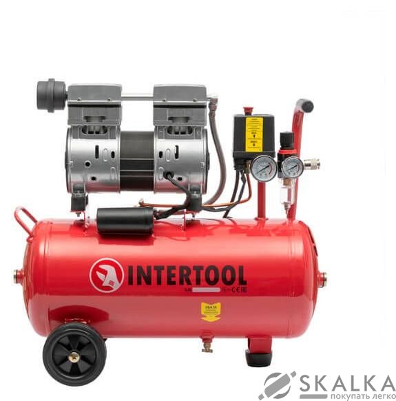 На фото Компрессор Intertool 24л, 1.5HP, 1.1кВт, 220В, 8атм, 145л/мин, безмасляный, 2 цилиндра (PT-0022)