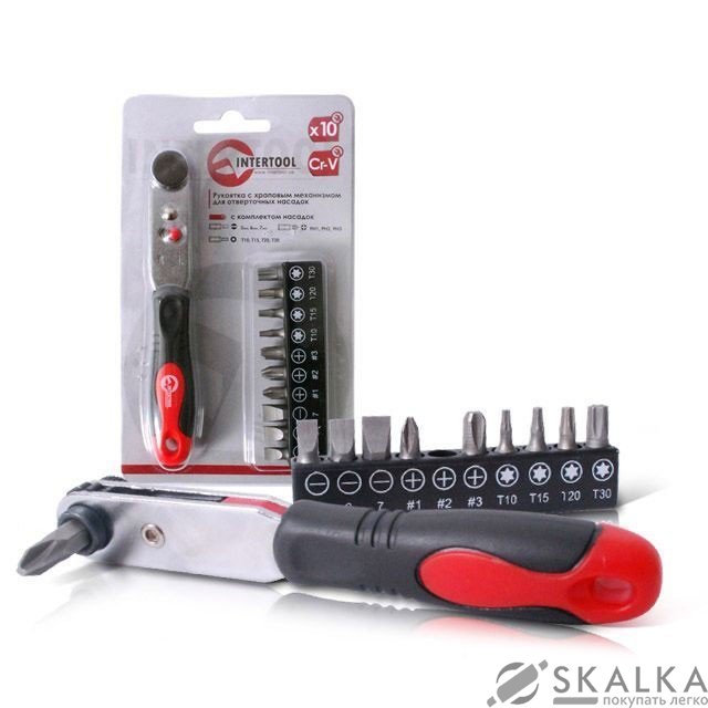 На фото Рукоятка с храповым механизмом Intertool с комплектом бит 10шт CrV (VT-0105)